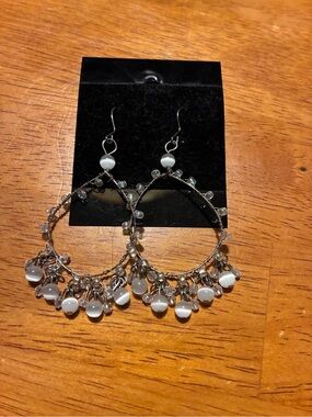 Silver Teardrop Beaded Hoop Earrings with White Beads